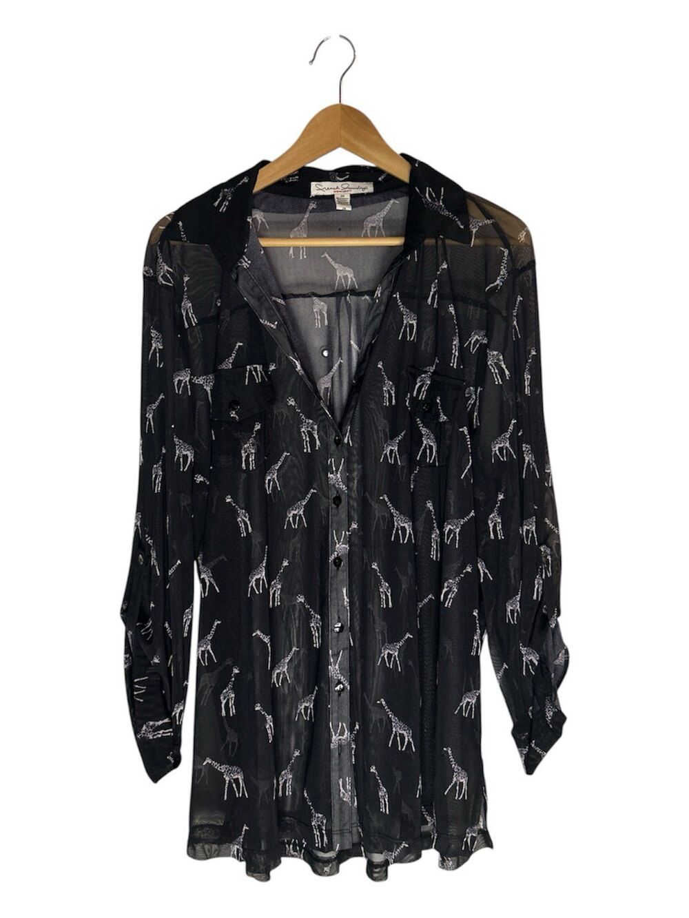 English Laundry Woman Sheer Black Button Down Shirt with Giraffe Print 2X